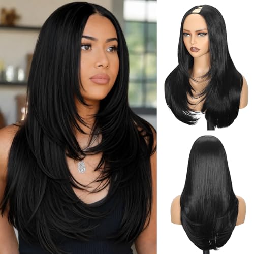 24 Inch Black V Part Wig for Black Women Natural Straight Clip-In Glueless Synthetic Hair