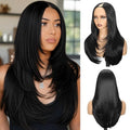 24 Inch Black V Part Wig for Black Women Natural Straight Clip-In Glueless Synthetic Hair