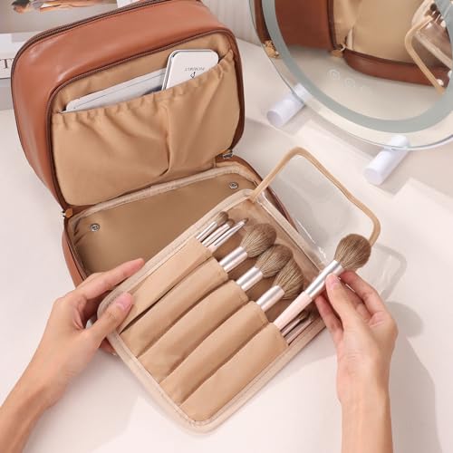 Pocmimut Large & Small Clear Makeup & Toiletry Bags for Travel, Brown