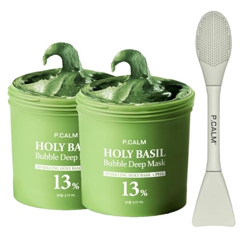 P.CALM Holy Basil Bubble Deep Mask 2EA + BRUSH ? Holy Basil & Carbonated Water for Cleansing Pores & Blackheads, Korean Clay to Bubble Wash-Off Pack, Stocking Stufffers (2EA x 90g / 3.17 oz)