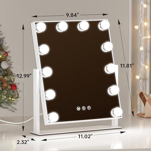 Vanity Mirror with Lights, 12 Bulbs Makeup Mirror with Smart Touch Control, 3-Color Dimmable Lighting, 360¡Æ Rotation