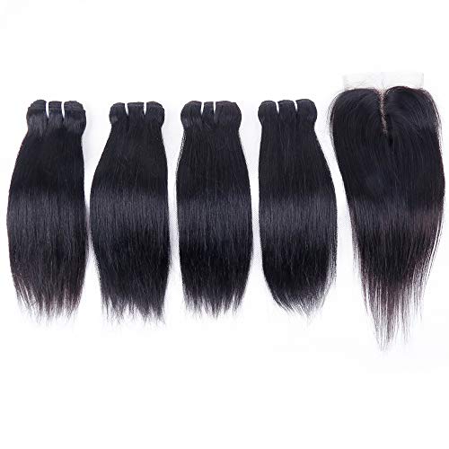 Brazilian Straight Hair Bundles with T Part Closure - 10 10 10 10+10 Inch, 4 Bundles Unprocessed Virgin Human Hair
