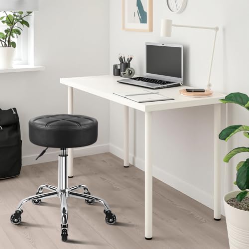 Black Nine-Grid Salon Stool with Wheels - Adjustable Height Swivel Chair with Thick Cushion