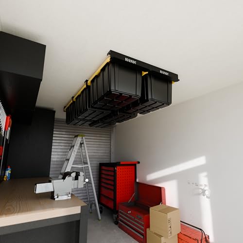 HANDT 6 Bins Garage Ceiling Storage Rack - Heavy Duty Overhead Shelving System, Connectable Metal Rails, Supports Up To 100 Lb, Black