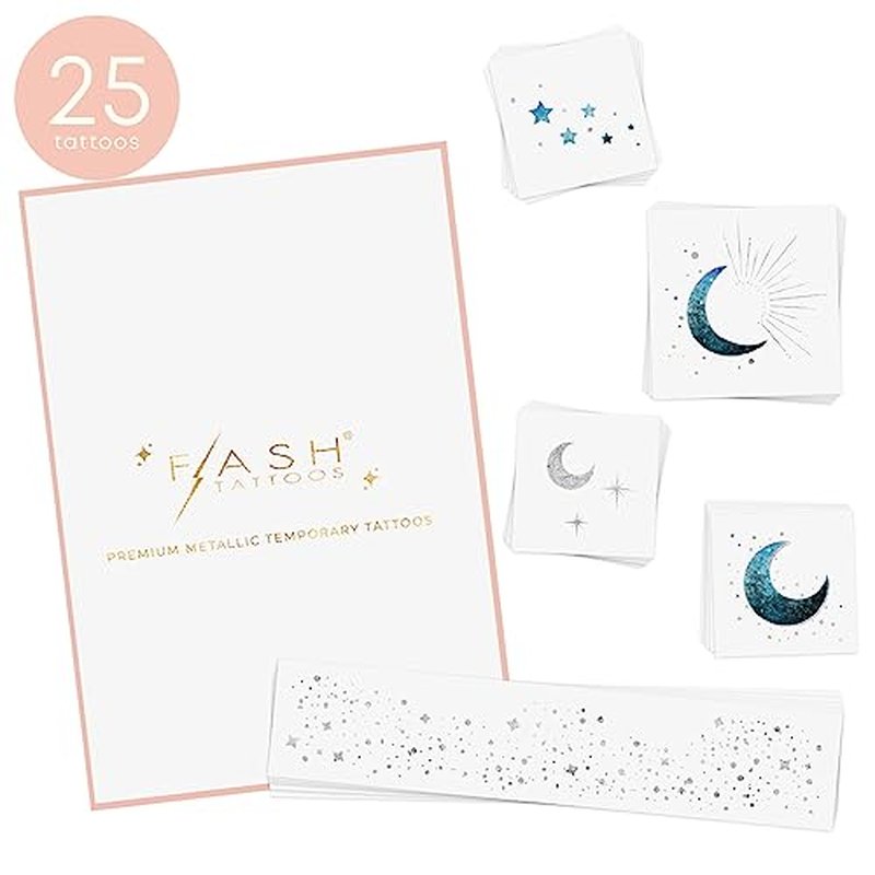 Flash Tattoos Moonlight temporary tattoos | 25 temporary tattoos | Premium waterproof metallic silver glitter face Flash Tattoos | Face Sparkle, Face Glitter, Moon Tattoo | Tattoo Freckles