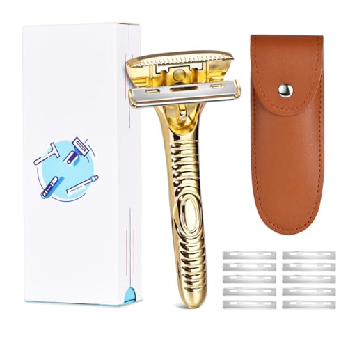 Single Blade Razors for Men and Women, Reusable Modular Safety Razor with Magnetic Head and Metal Non-Slip Grip, 10 Single Edge Razor Blades & Leather Case,Gold Roller