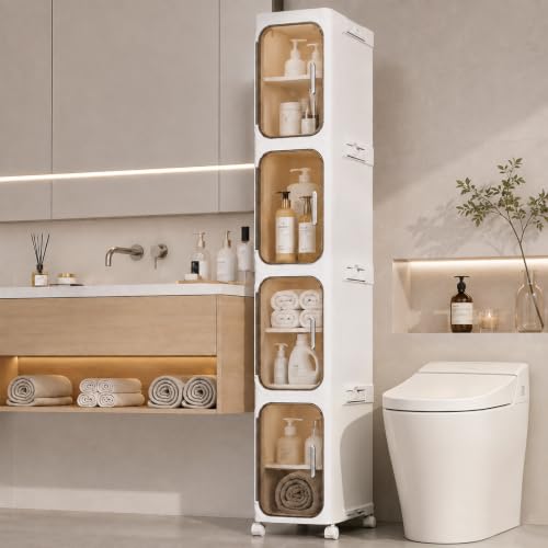AntStep 4-Tier Slim Bathroom Storage Cabinet - Tall Narrow Organizer with Wheels, Adjustable Shelves, Cream White