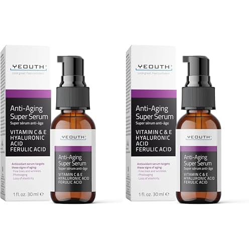 YEOUTH Anti Aging Serum for Face with Hyaluronic Acid, Ferulic Acid, Vitamin C and E, Hydrating Face Serum for Women and Men Targets Dull and Dry Skin 1oz (Pack of 2)