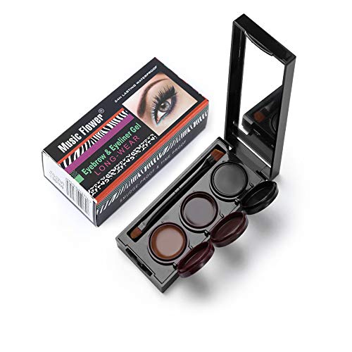 Music Flower 3 in 1 Eyebrow Gel and Eyeliner Waterproof Smudge-proof Long Wear Black+Brown with Brush