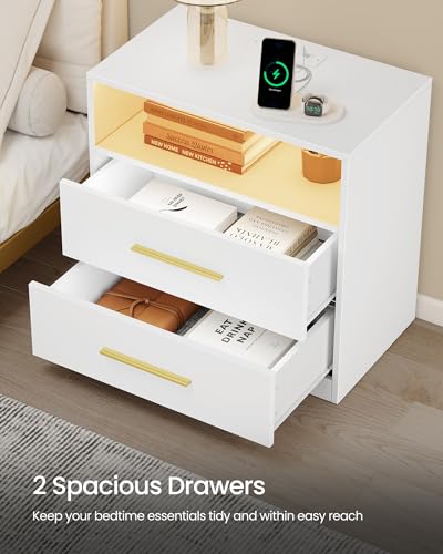 VASAGLE Nightstand with LED Lights & Charging Station - Cloud White, 2 Drawers