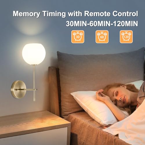 Brass Wireless Wall Sconces Set of 2 - Rechargeable RGB & Dimmable Wall Lights with Remote, Frosted Glass, No Wiring, for Bedroom & Living Room - Variation: Brass / 2-Lights