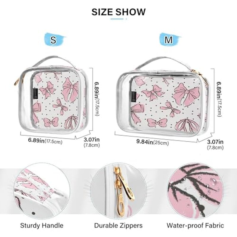 Kigai Pink Bow Makeup Bags for Women and Girls Waterproof Portable Cosmetic Bag Clear Toiletry Bag with Zipper & Handle Travel Accessories Organizer, 2 Pack