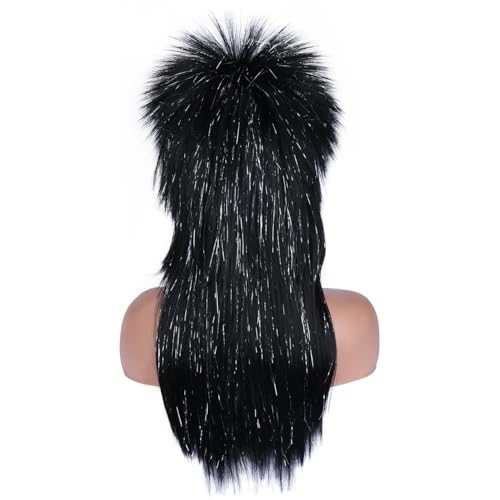 Rocking Wig for Women - Black Silver Punk Mullets with Adjustable Cap