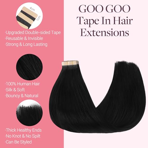 GOO GOO 14 Inch Hair Extensions Tape in Human Hair 20pcs Jet Black #1