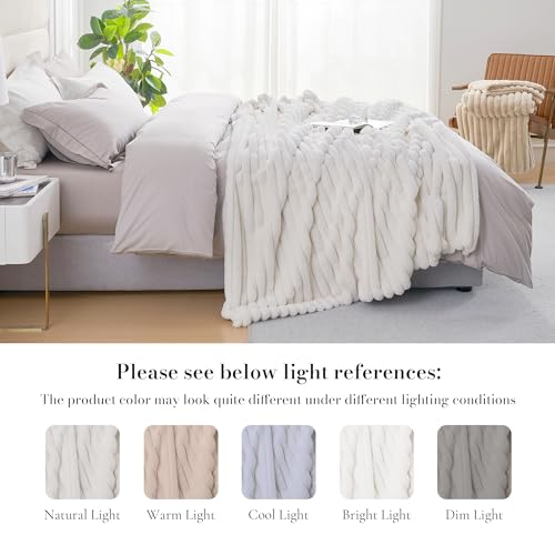Faux Fur Throw Blanket - Ivory Striped, Oversized 55x70 Inches - Cozy & Soft
