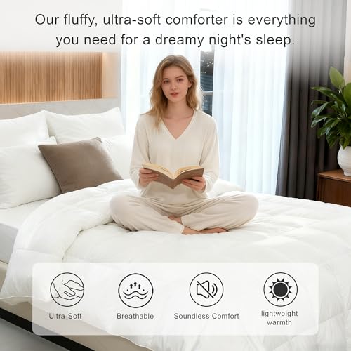 White Cotton Goose Feather Down Comforter King Size - All-Season Duvet Insert with Corner Tabs