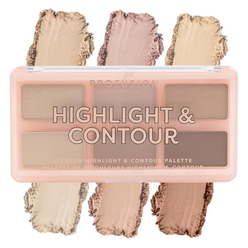 Profusion Cosmetics 6 Shade Highlight & Contour Palette ? Long-Wearing, Buildable Soft Powder for Sculpting & Defining, Blendable Formula for Light to Medium Skin (Light Medium)