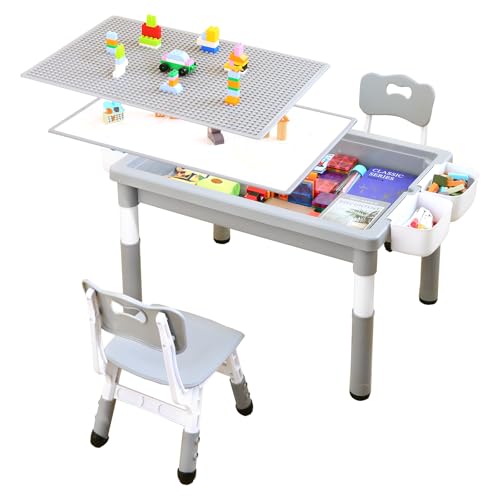 Kids 4-in-1 Table and 2 Chairs Set with Storage & Reversible Surface - Light Gray