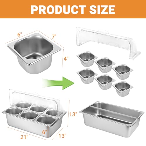Stainless Steel Food Serving Display Tray with Clear Lid for Buffets & Catering - 6 Pan Set
