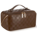 Travel Makeup Bag Large Capacity Waterproof Cosmetic Organizer with Divider - Checkerboard Brown