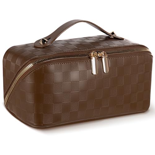 Travel Makeup Bag Large Capacity Waterproof Cosmetic Organizer with Divider - Checkerboard Brown