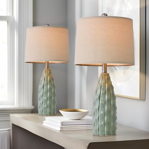 Ceramic Table Lamps Set of 2 - 23.75 Inch Modern Farmhouse Bedside Lamps - Green Nightstand and Desk Lighting - Variation B 23.75-Inch Green 2 Pack