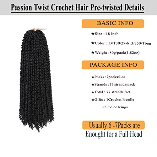 18 Inch Passion Twist Crochet Hair - Pre-Twisted Curly Synthetic Braids - 7 Packs, 1B