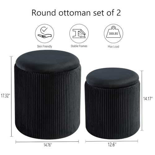 Black Velvet Round Ottoman Set of 2 with Storage & Removable Tray