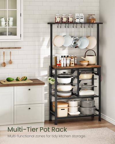 CHOEZON Rustic Brown & Black Multi-Tier Pot & Pan Organizer Rack with Hooks