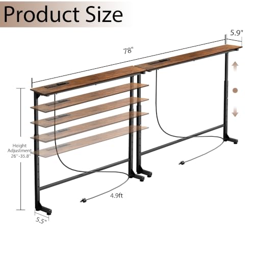 78-Inch Adjustable Height Behind Couch Table with Outlets - Rustic Brown