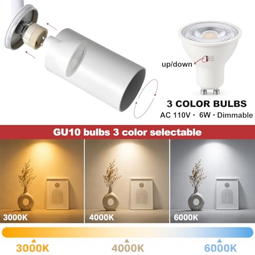 White 6-Light Dimmable Track Lighting Kit with 3-Color Bulbs, Adjustable Spotlights