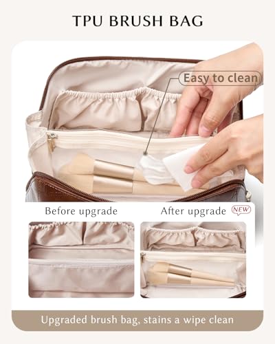 Yikisite Boho Brown Medium Makeup Bag – Travel Toiletry Organizer with Divider, Waterproof PU Leather