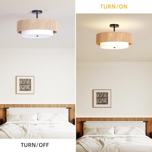 18-Inch Boho Rattan Semi-Flush Mount Ceiling Light for Bedroom