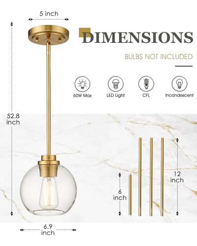 Brass Pendant Lights for Kitchen Island 2 Pack - Clear Glass Globe Shade, Gold Finish, 7 Inch, Farmhouse Style
