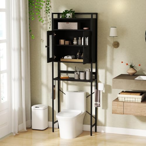 Over The Toilet Storage Cabinet - 5-Tier Bathroom Organizer with Mesh Doors - Black / Rustic Variation