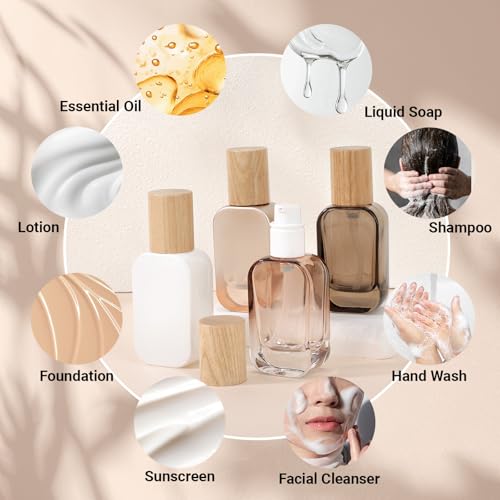 Segbeauty 1oz Empty Glass Lotion Dispenser with Pump, 4pcs Glass Travel Pump Bottle Refillable, 30ml Mini Travel Lotion Container for Toiletries in Mixed Color, Leakproof Small Bottles for Liquids