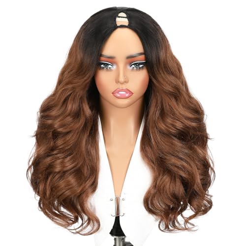 Ombre Brown Yaki Curly V Part Wig 18 Inch Layered Synthetic Half Wig