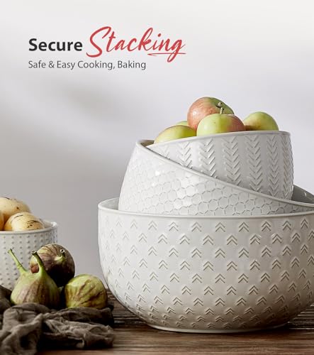 Ceramic Mixing & Serving Bowls Set of 4 - Ivory White, Rustic Design