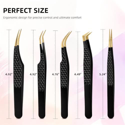 5Pcs Eyelash Extension Tweezers Set - Stainless Steel, Titanium Coated, Black Finish