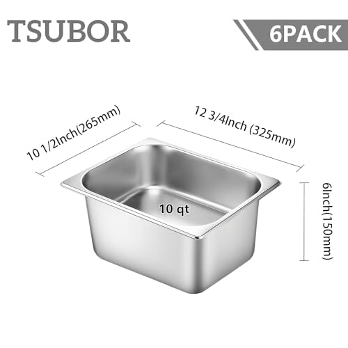 6 Pack Stainless Steel Hotel Steam Table Pans 1/2 Size 6'' Deep with Lids - Commercial Food Storage