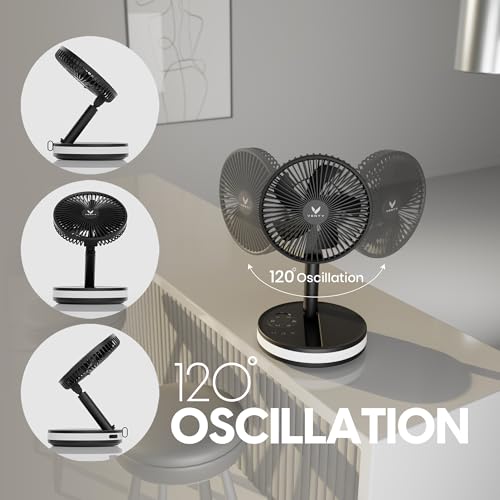 VENTY Black Portable Fan with Remote - Wireless Battery Operated Oscillating Fan with LED Lights, 4 Speeds & USB-C Power Bank