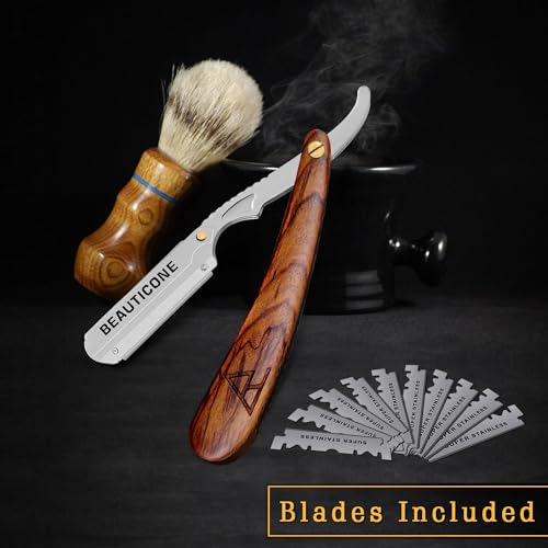 BEAUTICONE Straight Razors for Men, Straight Edge Razor, 100 Single Edge Blades, Stainless Steel, Barber Razor for Men's Shaving, Barber Shaving Knife, Wooden, Swinglock