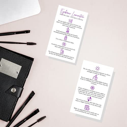 Brow Lamination Aftercare Card | 50 Pack | 2x3.5¡± inches Business Card Size | Starter Lift Kit At Home DIY Brow Lift and Tint | Snatched Brows White with Purple Design