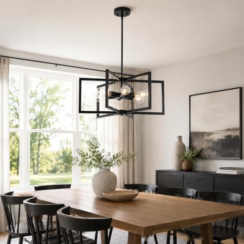 Black E26 6-Light Farmhouse Chandelier for Dining Room Kitchen Pendant Light with Adjustable Height
