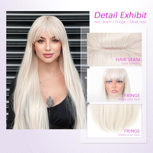 Long Straight Platinum Blonde Wig with Bangs - 24 Inch Heat-Resistant Synthetic Hair - Cosplay & Daily Wear - Variation: Straight / Platinum Blonde