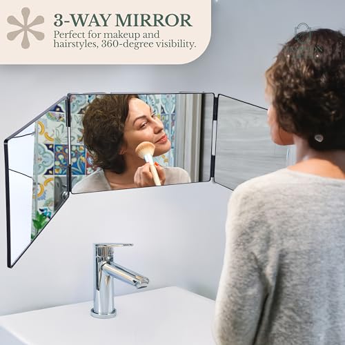 Hamilton Hills Adjustable Trifold Mirror - 360 Degree 3-Way Barber Mirror for Hanging or Wall Mounting - Triple-Section Panel for Haircuts, Braiding, and Makeup - for Personal Grooming in Bathroom