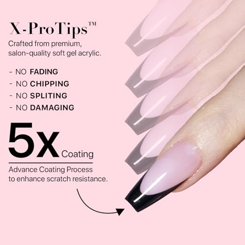 SXC Cosmetics French Tip Press On Nails ? Black Series, Medium Coffin, X-Pro Tips Starter Kit | 150PCS, 15 Sizes, 5 Styles, Beginner-Friendly