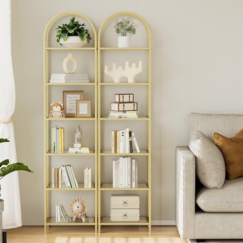 Tall Gold 6-Tier Bookshelf with Glass Shelves, Arched Design, 11.8x13.8x68.1 Inches