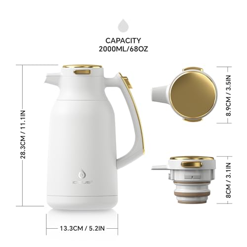 IDEUS 68oz Thermal Coffee Carafe with Vacuum Insulation, White-Gold, Model 67.6 Ounces