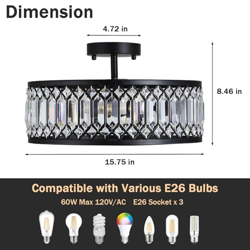 16-inch Black Crystal Ceiling Light with 3 E26 Sockets Modern Semi-Flush Mount Fixture for Living Room Bedroom Kitchen